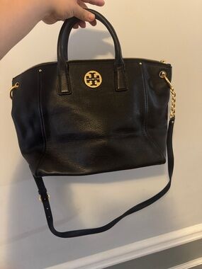 Tory Burch Black Pebbled Leather Tote with Gold Logo